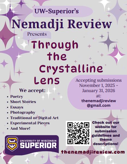 Sparkling purple poster advertising open submissions for The Nemadji Review.